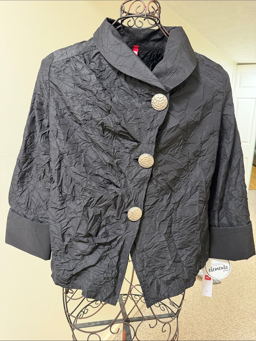 IC COLLECTION Black Crinkled Asymmetrical Button-Front Jacket